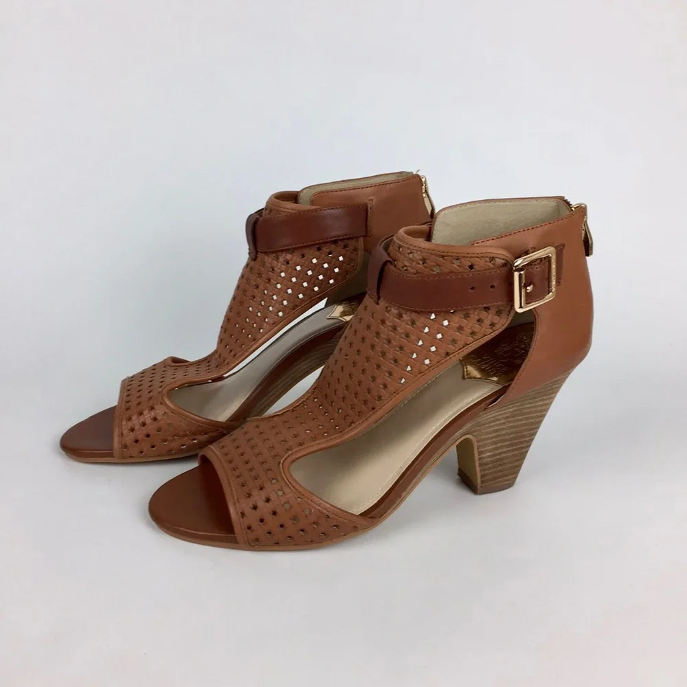 Vince Camuto Womens Brown Woven Leather Peep Toe Sandal Cone Heel size 10